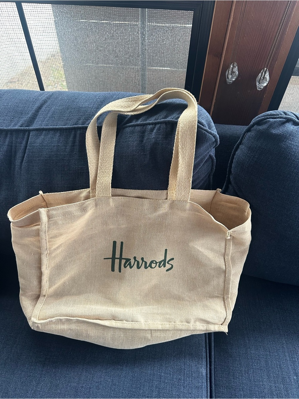 Harrods Natural Beige Canvas Tote with Green Logo